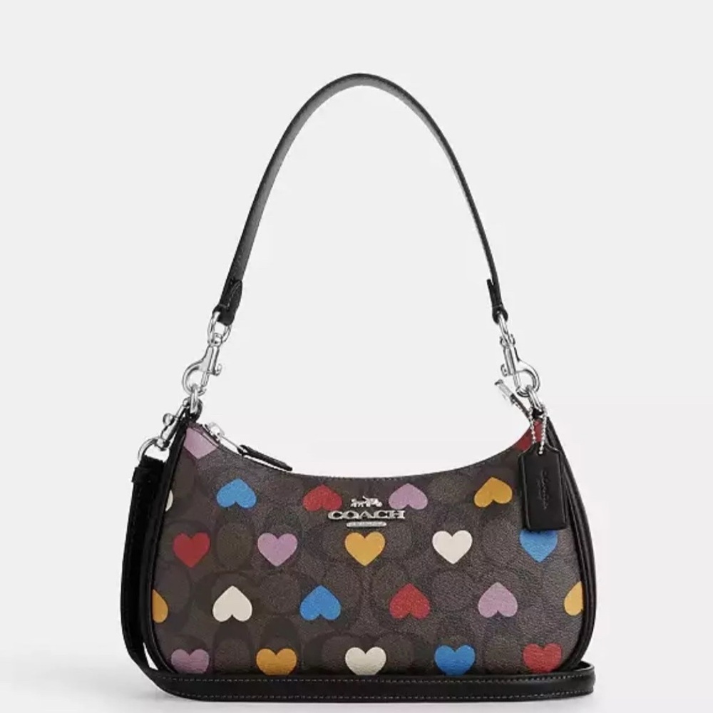 NWT Coach CP112 Teri Shoulder Bag Signature Canvas Leather with Heart Print